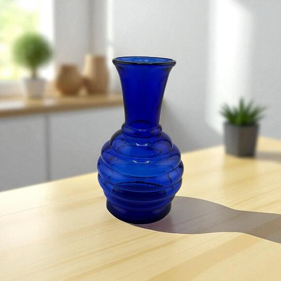 Vintage Cobalt Blue Ribbed Beehive Mini Vase Marked USA 4.5" Mid Century - Picture 1 of 7